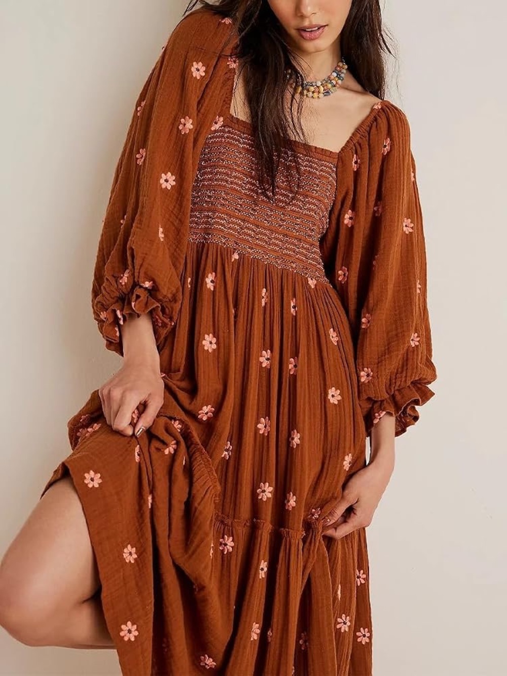 Large Rust Floral Maxi Dress with Smocked Bodice Gauze Cotton